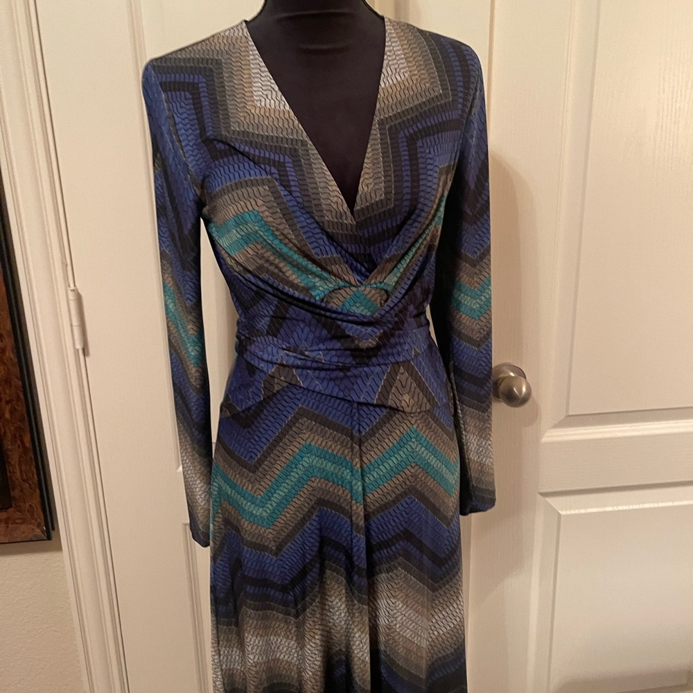 Cache Blue and Gray Chevron Long Sleeve Dress